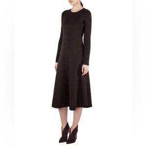 AKRIS Black ribbed knit long sleeve wool silk stretch A-line midi dress 8